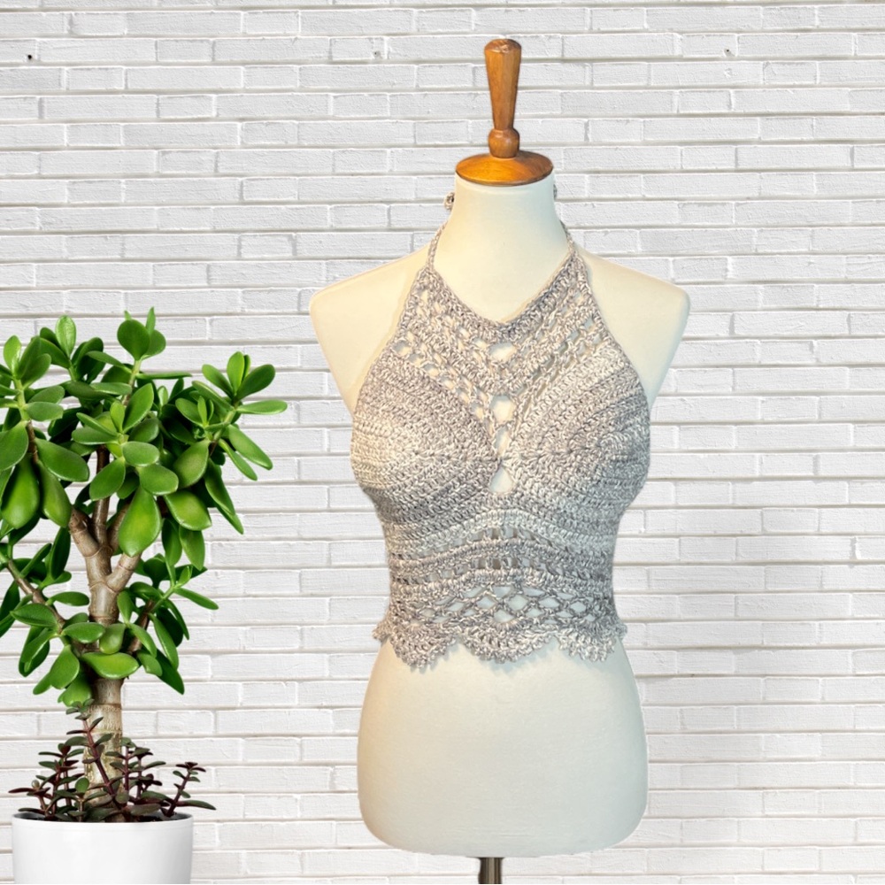 Handmade Grey High Neck Halter Top with Scalloped Detail Crocheted Tankini